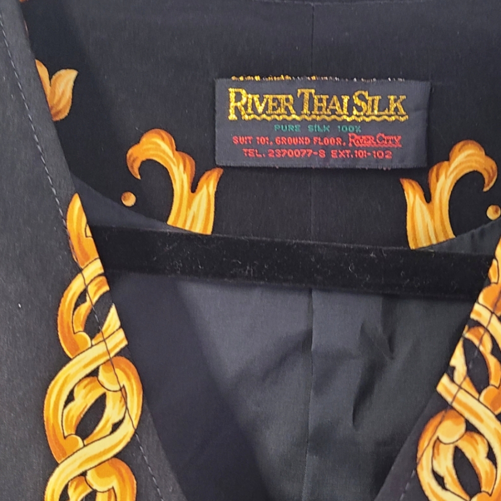 River thai yellow and black baroque print 100% silk vest size small S unisex - Picture 8 of 10